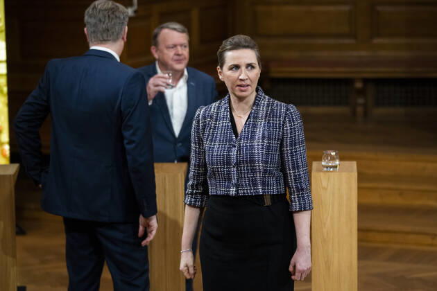 Prime Minister Mette Frederiksen S The party leaders for TV 2s debate on war in Europe, in the Common Hall at Christiansborg, Tuesday evening 8 March 2022, Copenhagen Denmark Copyright: MartinxSylvestx COP10237 spdk20220308-233439-L