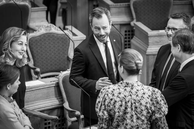 Prime Minister Mette Frederiksen S, Sofie Carsten Nielsen RV, Jakob Ellemann Jensen V and Minister of Defense Morten Boedskov S during a meeting in the Folketing Hall with question time for the Prime Minister at Christiansborg, Tuesday 22 March 2022, Copenhagen Denmark Copyright: RitzauxScanpix MadsxClausxRasmussenx COP10356 spdk20220322-134353-L