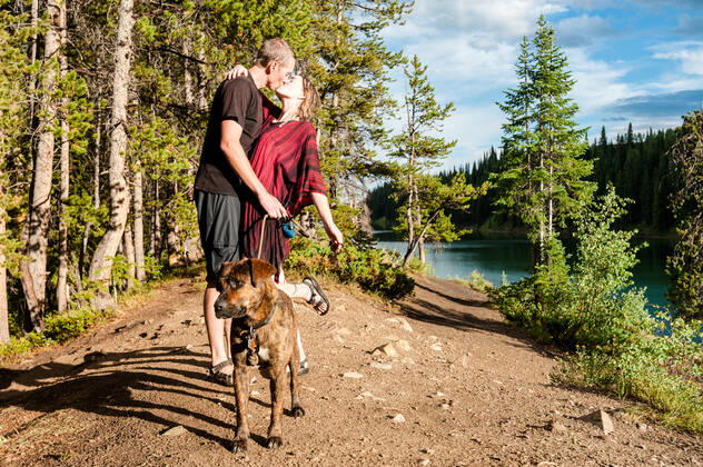 Young couple going for a swim with their dog a lake United States, Colorado, Crested Butte CR_PEDO220329F4-955703-01 ,model released, Symbolfoto