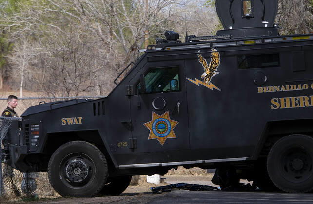 April 1, 2022, Albuquerque, New Mexico, USA: 040122.An armored SWAT vehicle is at the scene of a fatal BCSO deputy involved shooting at Arenal and Severo SW in the South Valley .Photographed on Friday April 1, 2022. JOURNAL. Albuquerque USA - ZUMAab1_ 20220401_zaf_ab1_006 Copyright: xAdolphexPierre-Louisx