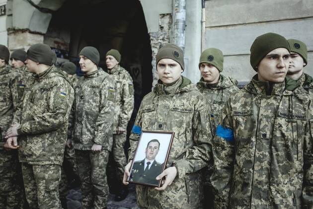 Funeral of Oleg Yashchishin, Kirilo Vishivaniy, Sergey Melnik and Rostislav Romanchuk in the Jesuit Church of St Peter and Paul, the four officers were killed in a Russian missile attack two days earlier in a military camp near the border with Poland in Yavoriv, at least 35 people died, Lviv, Ukraine, Europe Copyright: imageBROKER/FlorianxBachmeier iblfba08195330