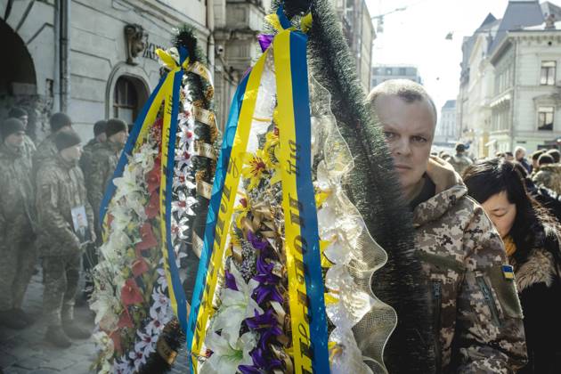 Funeral of Oleg Yashchishin, Kirilo Vishivaniy, Sergey Melnik and Rostislav Romanchuk in the Jesuit Church of St Peter and Paul, the four officers were killed in a Russian missile attack two days earlier in a military camp near the border with Poland in Yavoriv, at least 35 people died, Lviv, Ukraine, Europe Copyright: imageBROKER FlorianxBachmeier iblfba08195338