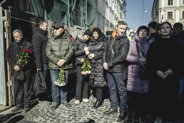 Funeral of Oleg Yashchishin, Kirilo Vishivaniy, Sergey Melnik and Rostislav Romanchuk in the Jesuit Church of St Peter and Paul, the four officers were killed in a Russian missile attack two days earlier in a military camp near the border with Poland in Yavoriv, at least 35 people died, Lviv, Ukraine, Europe Copyright: imageBROKER/FlorianxBachmeier iblfba08195339