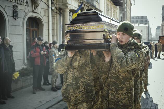 Funeral of Oleg Yashchishin, Kirilo Vishivaniy, Sergey Melnik and Rostislav Romanchuk in the Jesuit Church of St Peter and Paul, the four officers were killed in a Russian missile attack two days earlier in a military camp near the border with Poland in Yavoriv, at least 35 people died, Lviv, Ukraine, Europe Copyright: imageBROKER/FlorianxBachmeier iblfba08195340