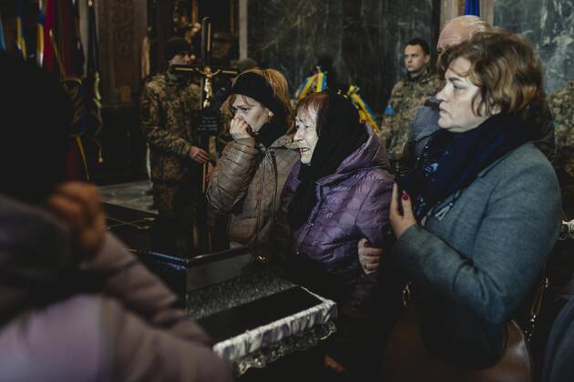 Funeral of Oleg Yashchishin, Kirilo Vishivaniy, Sergey Melnik and Rostislav Romanchuk in the Jesuit Church of St Peter and Paul, the four officers were killed in a Russian missile attack two days earlier in a military camp near the border with Poland in Yavoriv, at least 35 people died, Lviv, Ukraine, Europe Copyright: imageBROKER/FlorianxBachmeier iblfba08195344