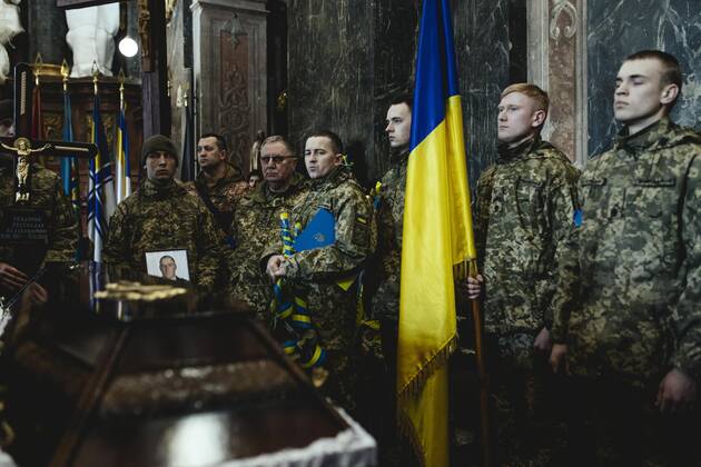 Funeral of Oleg Yashchishin, Kirilo Vishivaniy, Sergey Melnik and Rostislav Romanchuk in the Jesuit Church of St Peter and Paul, the four officers were killed in a Russian missile attack two days earlier in a military camp near the border with Poland in Yavoriv, at least 35 people died, Lviv, Ukraine, Europe Copyright: imageBROKER/FlorianxBachmeier iblfba08195345