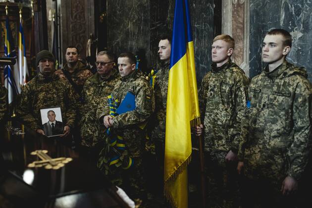 Funeral of Oleg Yashchishin, Kirilo Vishivaniy, Sergey Melnik and Rostislav Romanchuk in the Jesuit Church of St Peter and Paul, the four officers were killed in a Russian missile attack two days earlier in a military camp near the border with Poland in Yavoriv, at least 35 people died, Lviv, Ukraine, Europe Copyright: imageBROKER/FlorianxBachmeier iblfba08195346