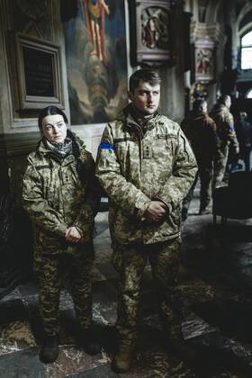Funeral of Oleg Yashchishin, Kirilo Vishivaniy, Sergey Melnik and Rostislav Romanchuk in the Jesuit Church of St Peter and Paul, the four officers were killed in a Russian missile attack two days earlier in a military camp near the border with Poland in Yavoriv, at least 35 people died, Lviv, Ukraine, Europe Copyright: imageBROKER/FlorianxBachmeier iblfba08195348