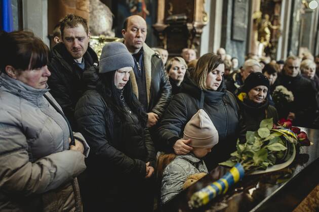 Funeral of Oleg Yashchishin, Kirilo Vishivaniy, Sergey Melnik and Rostislav Romanchuk in the Jesuit Church of St Peter and Paul, the four officers were killed in a Russian missile attack two days earlier in a military camp near the border with Poland in Yavoriv, at least 35 people died, Lviv, Ukraine, Europe Copyright: imageBROKER/FlorianxBachmeier iblfba08195355