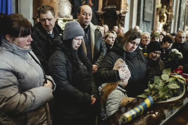 Funeral of Oleg Yashchishin, Kirilo Vishivaniy, Sergey Melnik and Rostislav Romanchuk in the Jesuit Church of St Peter and Paul, the four officers were killed in a Russian missile attack two days earlier in a military camp near the border with Poland in Yavoriv, at least 35 people died, Lviv, Ukraine, Europe Copyright: imageBROKER/FlorianxBachmeier iblfba08195356