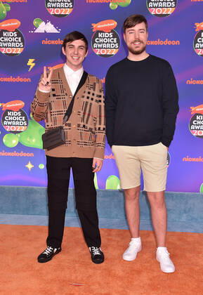 SANTA MONICA, CA - APRIL 9: Chris Tyson and MrBeast at the 2022 Nickelodeon Kids Choice Awards at the Barker Hangar in Santa Monica, California on April 9, 2022. Copyright: xJeffreyxMayer JTMPhotosx