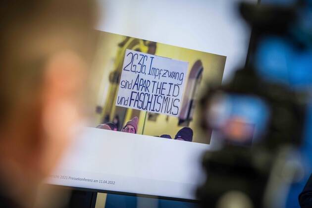 April 11, 2022, Munich, Bavaria, Germany: The Bavarian Verfassungsschutz (Secret Service, Office for the Protection of the Constitution) released the 2021 report detailing threats to the state of Bavaria and the country. Over the past years, conspiracy theorists, new age and wellness extremists, right-extremists, and various enemies of democracy have taken a leading role against the German state and society, with imagery such as the August 2020 storming of the Reichstag and May 2020 3,000 Corona rebels demonstrating at Marienplatz in Munch associated with it. Numerous participants in that storming come from the Bavarian scene and are radicalizing at increasing rates. Munich Germany - ZUMAb160 20220411_zbp_b160_010 Copyright: xSachellexBabbarx