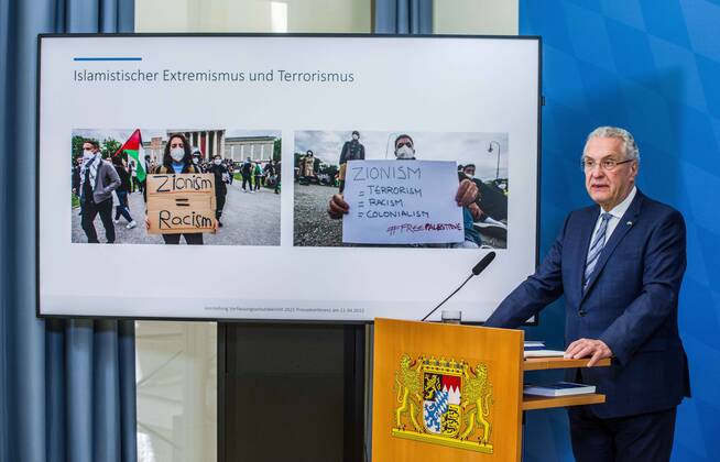 April 11, 2022, Munich, Bavaria, Germany: JOACHIM HERRMANN, Interior Minister of the State of Bavaria. The Bavarian Verfassungsschutz (Secret Service, Office for the Protection of the Constitution) released the 2021 report detailing threats to the state of Bavaria and the country. Over the past years, conspiracy theorists, new age and wellness extremists, right-extremists, and various enemies of democracy have taken a leading role against the German state and society, with imagery such as the August 2020 storming of the Reichstag and May 2020 3,000 Corona rebels demonstrating at Marienplatz in Munch associated with it. Numerous participants in that storming come from the Bavarian scene and are radicalizing at increasing rates. Munich Ge - ZUMAb160 20220411_zbp_b160_022 Copyright: xSachellexBabbarx