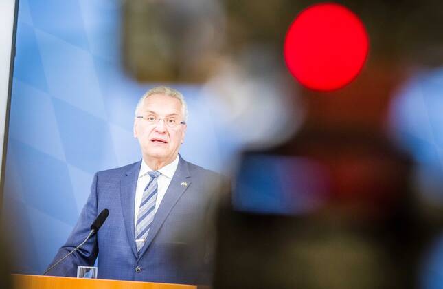 April 11, 2022, Munich, Bavaria, Germany: JOACHIM HERRMANN, Interior Minister of the State of Bavaria. The Bavarian Verfassungsschutz (Secret Service, Office for the Protection of the Constitution) released the 2021 report detailing threats to the state of Bavaria and the country. Over the past years, conspiracy theorists, new age and wellness extremists, right-extremists, and various enemies of democracy have taken a leading role against the German state and society, with imagery such as the August 2020 storming of the Reichstag and May 2020 3,000 Corona rebels demonstrating at Marienplatz in Munch associated with it. Numerous participants in that storming come from the Bavarian scene and are radicalizing at increasing rates. Munich Ge - ZUMAb160 20220411_zbp_b160_026 Copyright: xSachellexBabbarx