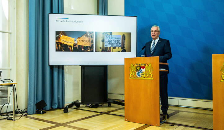 April 11, 2022, Munich, Bavaria, Germany: JOACHIM HERRMANN, Interior Minister of the State of Bavaria. The Bavarian Verfassungsschutz (Secret Service, Office for the Protection of the Constitution) released the 2021 report detailing threats to the state of Bavaria and the country. Over the past years, conspiracy theorists, new age and wellness extremists, right-extremists, and various enemies of democracy have taken a leading role against the German state and society, with imagery such as the August 2020 storming of the Reichstag and May 2020 3,000 Corona rebels demonstrating at Marienplatz in Munch associated with it. Numerous participants in that storming come from the Bavarian scene and are radicalizing at increasing rates. Munich Ge - ZUMAb160 20220411_zbp_b160_046 Copyright: xSachellexBabbarx