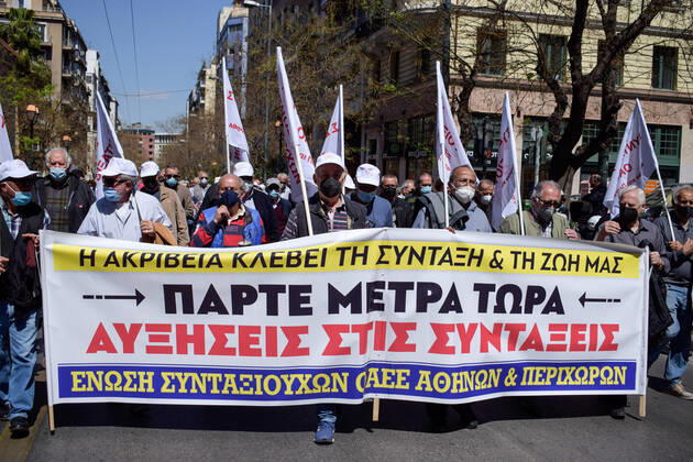Greece: Thousands take to Athens streets in protest of price hikes Pensioners protest holding banner that reads: Soaring prices steal our pensions and our lives! Take measures now! Athens Greece Copyright: DimitrisxAspiotis