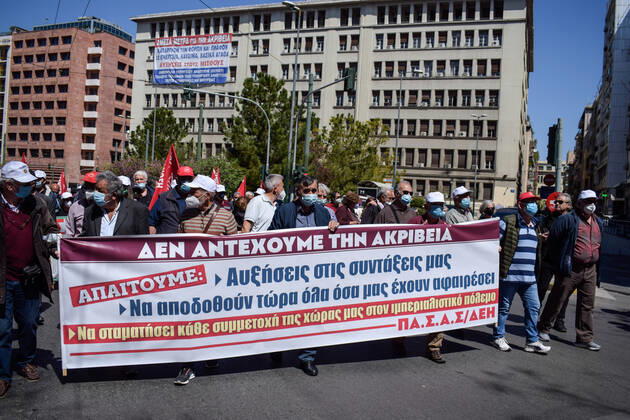 Greece: Thousands take to Athens streets in protest of price hikes Pensioners protest marching in the streets holding banner that reads: We Cannot Stand Price Hikes! Increase our pensions! No involvement of Greece in the war! Athens Greece Copyright: DimitrisxAspiotis