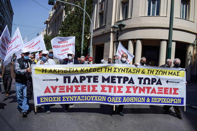 Greece: Thousands take to Athens streets in protest of price hikes Pensioners protest holding banner that reads: Soaring prices steal our pensions and our lives! Take measures now! Athens Greece Copyright: DimitrisxAspiotis