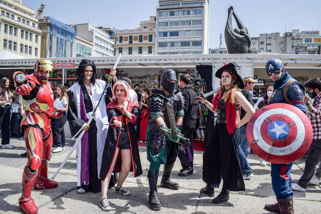 Cosplayers bring their favorite characters to life during Comic book festival in Athens Cosplayers dressed as their favourite comic book characters stand for a photo during Comicdom Con Festival, a three-day comics event organized by non-profit organizations. Athens Greece Copyright: DimitrisxAspiotis