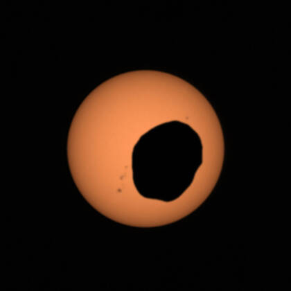 NASA s Perseverance Mars rover used its Mastcam-Z camera system to shoot video of Phobos, one of Mars two moons, eclipsing the Sun on April 2, the 397th Martian day, or sol, of the mission. The eclipse lasted a little over 40 seconds ? much shorter than a typical solar eclipse involving Earth s Moon. (Phobos is about 157 times smaller than Earth s Moon. Mars other moon, Deimos, is even smaller.) It s the most zoomed-in, highest-frame-rate observation of a Phobos solar eclipse ever taken from the Martian surface. NASA  WAX2022042001 NASA