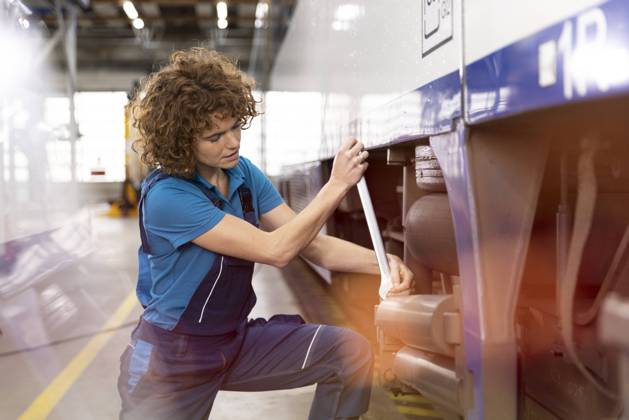 IMAGO Creative: Business, Inflation und Lieferketten Engineer fixing monorail engine with wrench at industry model released, Symbolfoto property released, FKF04771