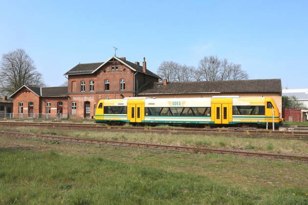 View on Saturday 30 04 2022 on the historic train station of Malchow County Mecklenburg Lake District The station has a solid basic substance Nevertheless, the decay spreads everywhere For example, grass grows in the gutters and on the paths in front of the building In addition, numerous window pa