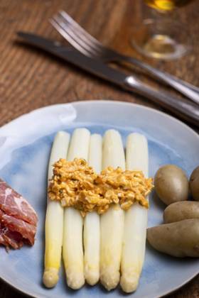 White Asparagus at blue Plate 1035309596
