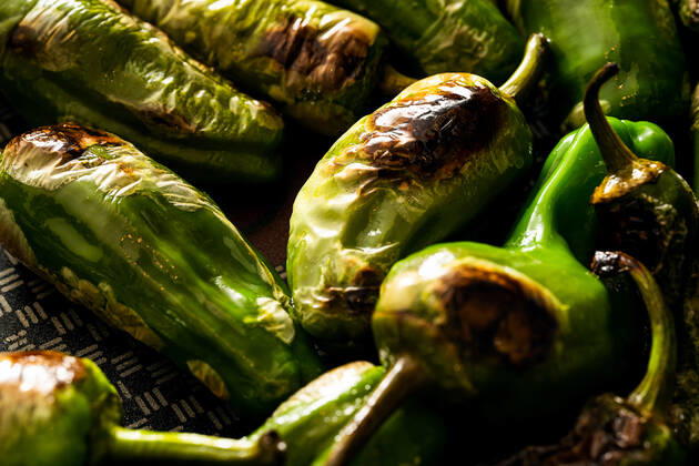 IMAGO Creative, Food, Tapas 23 May 2022: Pimientos de Padron, green grill and roast peppers with olive oil in a pan, close up