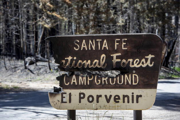 May 31, 2022, San Miguel County, New Mexico, USA: The El Porvenir Campground in the Santa Fe National Forest is burned by the Calf Canyon Hermits Peak Fire. The campground is in Gallinas Cayon. Crews have gained 50% containment on the Hermits Peak Fire. San Miguel County USA - ZUMAab1_ 20220531_zaf_ab1_005 Copyright: xEddiexMoorex
