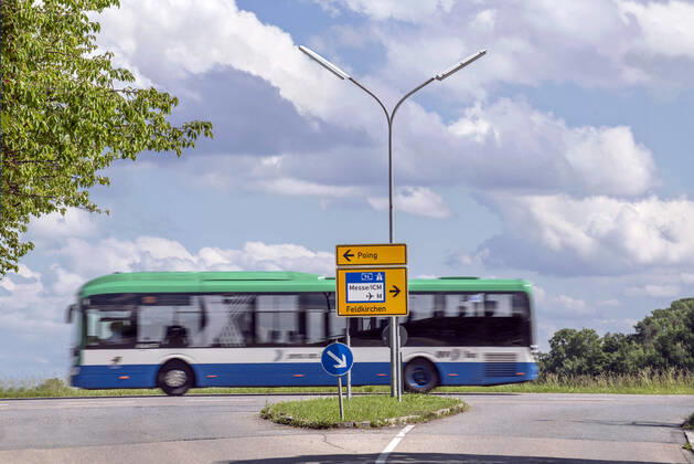 Regional bus on the road near Kirchheim, near Munich, 6 June 2022, Germany, Kirchheim near Munich, 06 06 2022, regional bus on the road towards Poing, MVV bus, Munich public transport bus, Munich area, Munich district, regional bus line, regional transport, Bavarian, Bavarian, Bavarian,