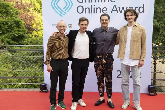 PUDELDAME, band, music group, from left with Nico BAUCKHOLT, Jonay NAY, David GRABOWSKI and Jon Ander KLEIN, red carpet, red carpet show, Grimme Online Awards 2022 ceremony on 23 06 2022 at Flora Koeln,