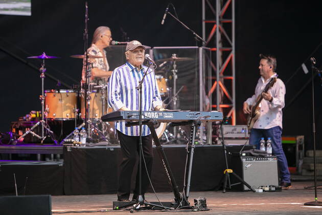 The Beach Boys Sixty Years of the Sound of Summer with Bruce Johnston front center, keyboards from 1965, born June 27, 1942 in Chicago, Illinois, as Billy Baldwin live during an open air performance at the Freilichtbühne Junge Garde Dresden