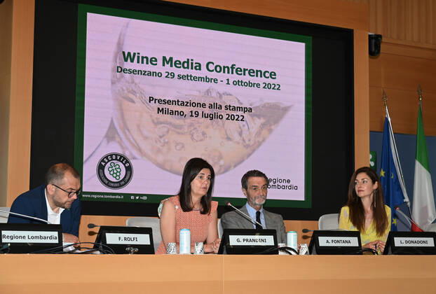 Milan, Italy Wine Media Conference world review dedicated to the communication of wine in Lombardy attended by Attilio Fontana President of the Lombardy Region, Councilor Rolfi of the Lombardy Region together with the president of Ascovilo Giovanna Prandini and the journalist and author Laura Donadoni, in video link from the United States Allan Wright president of the Wine Media Conference. The event will take place in Desenzano del Garda from 27 September to 3 October 2022 In the picture: Giovanna Prandini president Ascovilo, Attilio Fontana President of the Lombardy Region, councilor Rolfi Lombardy Region, Laura Donadoni during the event presentation  Copyright: xNickxZonnax xipa-agency.netx xNickxZonnax