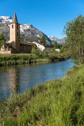 Church from Sils Baseglia on Silser Lake at Summer, Switzerland, Graubünden, Engadine, Sils Baseglia Church of Sils Baseglia AT Lake Sils in buzzer, Switzerland, grisons, Engadine, Sils Baseglia BLWS670778 Copyright: xblickwinkel McPHOTO O.xProtzex