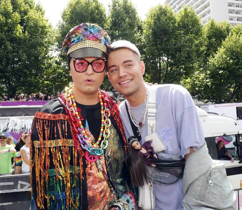 Julian F M Stoeckel with friend Marcell Damaschke at the 44 Christopher Street Day Parade 2022 in Berlin under the motto United in Love Against Hate, War and Discrimination