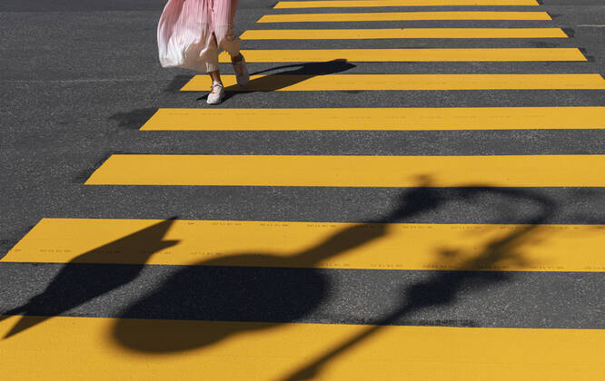 People cross a Yellow striped pedestrian crossing, Berlin 1020919208