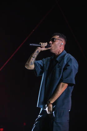 Italian rapper Marracash (Fabio Bartolo Rizzo) in concert on the stage for the Zoo Music Fest in Pescara. during Marracash - Summer Tour, Italian singer Music Concert in Pescara, Italy, August 07 2022  Copyright: xDavidexDixLallax xipa-agency.netx xLivexMediax