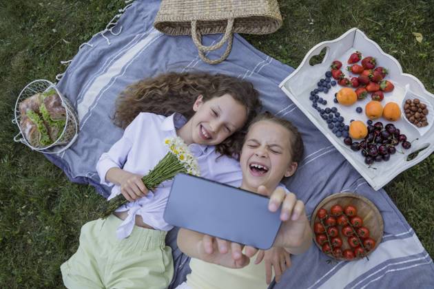 Cheerful girl taking selfie with sister through smart phone in park model released, Symbolfoto, OSF00513