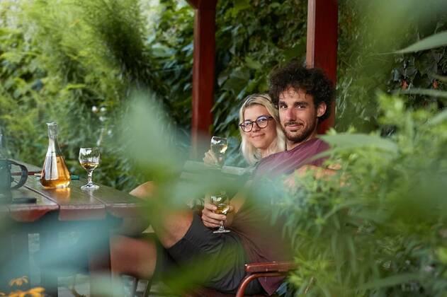  Drinking wine on a summer evening, Drinking wine, couple sitting on an outdoor terrace, shot through brances of a green bush in the forground, Drinking wine, couple sitting on an outdoor terrace, shot through brances of a green bush in the forground model released, Symbolfoto , 07.10.2021, Copyright: xGudellax Panthermedia30782423.jpg