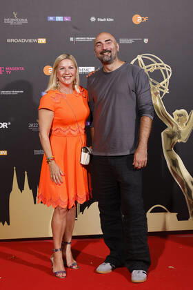 TV presenter Aleksandra Bechtel and director Tobi Baumann at the Cologne Emmy Cocktail 2022 on the occasion of the 16 Cologne Jury Session of the International Emmy at Arff Castle Cologne, 31 08 2022 NRW Germany Copyright: xChristophxHardtx