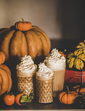 Pumpkin latte coffee with whipped cream in glasses on table Pumpkin spice latte coffee drink topped with whipped cream and cinnamon in tall glasses among fresh pumpkins and persimmons on table, grey wall at background. Seasonal Autumn hot warming sweet drink Copyright: xAnnaxIvanovax AI111119-3
