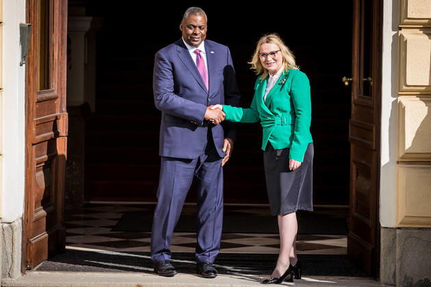 U.S. Secretary of Defense Lloyd Austin, left, and Czech Defence Minister Jana Cernochova shake hands during the official welcoming ceremony in Prague, Czech Republic, on Friday, September 9, 2022. (CTKxPhoto JaroslavxSvoboda) CTKPhotoP2022090903332 SVO 6