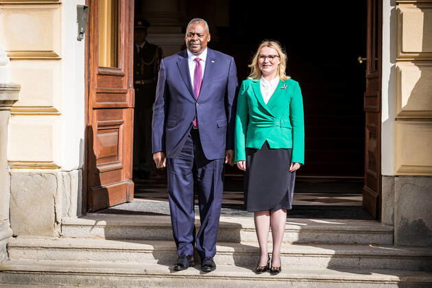 U.S. Secretary of Defense Lloyd Austin, left, and Czech Defence Minister Jana Cernochova during the official welcoming ceremony in Prague, Czech Republic, on Friday, September 9, 2022. (CTKxPhoto JaroslavxSvoboda) CTKPhotoP2022090903324 SVO 4