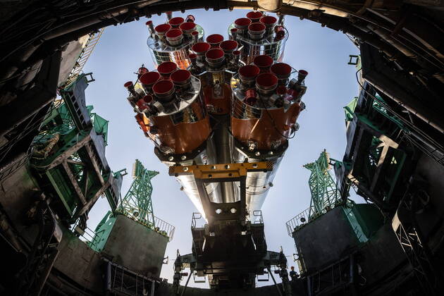 KYZYLORDA REGION, KAZAKHSTAN - SEPTEMBER 18, 2022: A Soyuz-2.1a rocket booster with the Tsiolkovsky Soyuz MS-22 manned spacecraft is being installed on a launch pad at the Baikonur Cosmodrome. The launch is scheduled for September 21, 2022; Soyuz MS-22 will carry Roscosmos cosmonauts Sergey Prokopyev, Dmitry Petelin, and NASA astronaut Frank Rubio to the International Space Station. Sergei Savostyanov TASS  TS142B42