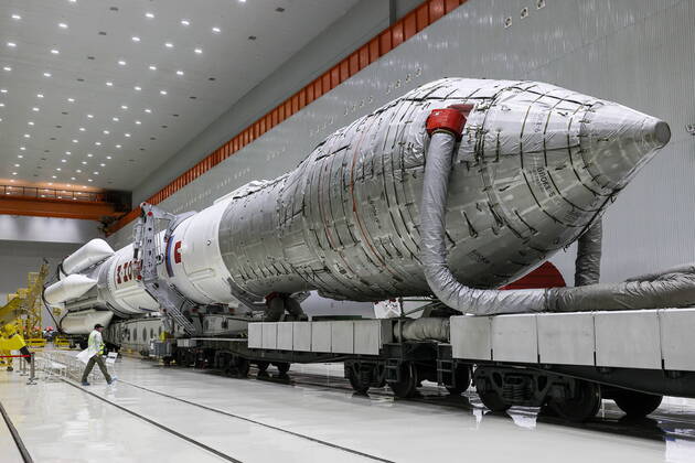 Kazakhstan. OCTOBER 8, 2022. A Proton-M rocket booster carrying the Angosat-2 communications satellite rolls out to a launch site at the Baikonur Cosmodrome, scheduled to lift off on October 12. Sergei Savostyanov TASS  55263080