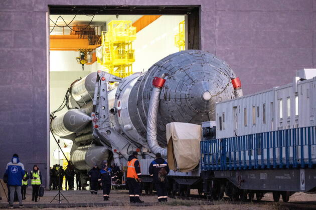 Kazakhstan. OCTOBER 8, 2022. A Proton-M rocket booster carrying the Angosat-2 communications satellite rolls out to a launch site at the Baikonur Cosmodrome, scheduled to lift off on October 12. Sergei Savostyanov TASS  55263081