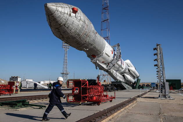 Kazakhstan. OCTOBER 8, 2022. A Proton-M rocket booster carrying the Angosat-2 communications satellite stands on its launch pad at the Baikonur Cosmodrome, scheduled to lift off on October 12. Sergei Savostyanov TASS  55263631