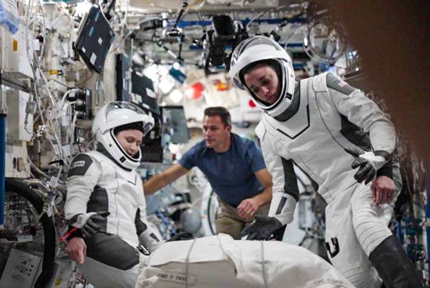 OCTOBER 14, 2022. ESA astronaut Samantha Cristoforetti (L) and NASA astronaut Jessica Watkins of the SpaceX Crew-4 space mission are seen inside a Crew Dragon spacecraft before undocking from the International Space Station (ISS). The spacecraft s undocking has been delayed several times due to weather. Dmitry Petelin TASS  55346914