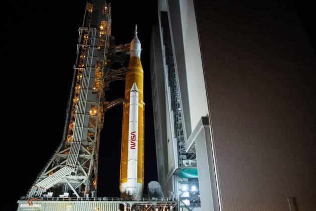 NASA s Space Launch System (SLS) rocket with the Orion spacecraft aboard is seen atop the mobile launcher as it rolls out of the Vehicle Assembly Building to Launch Pad 39B, on Thursday, November 3, 2022, at NASA s Kennedy Space Center in Florida. NASA s Artemis I mission is the first integrated test of the agency s deep space exploration systems: the Orion spacecraft, SLS rocket, and supporting ground systems. Launch of the uncrewed flight test is targeted for November 14 at 12:07 a.m. EST. NASA 1 WAX2022110402 JOELxKOWSKY