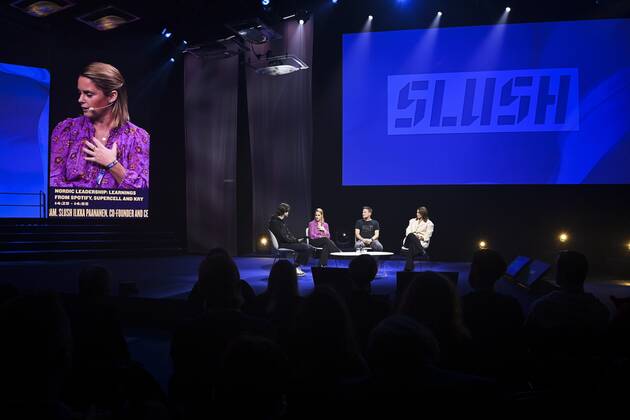 Sophia Bendz (2L), General Partner at Cherry Ventures, Ilkka Paananen, CEO and Co-founder of Supercell, and Josefine Landgard, Founder and CEO of Mantle, are interviewed on stage at the Slush 2022 Startup Event in Helsinki, Finland on November 17, 2022. Helsinki Finland  Copyright: xEmmixKorhonenx LKKTF20221117154936NQCO